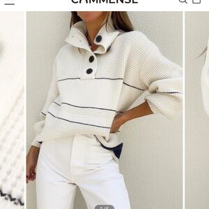 Commense White Sweater with Navy Blue Stripes